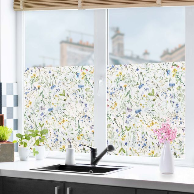 Fensterbild grün Blumenwiese als Aquarell
