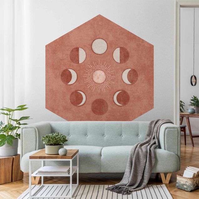 Hexagon Tapete Boho Mondphasen mit Sonne