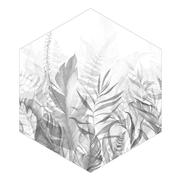 Graue Tapeten Botanik - Tropische Blätter Grau