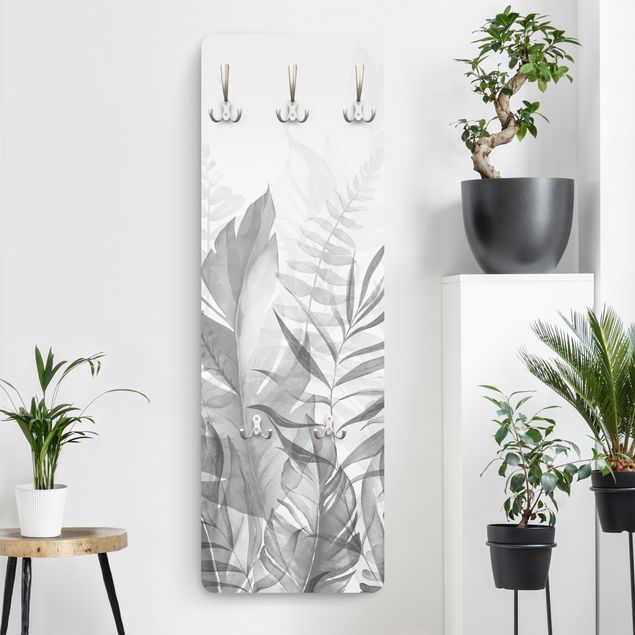 Garderobenpaneel Botanik - Tropische Blätter Grau