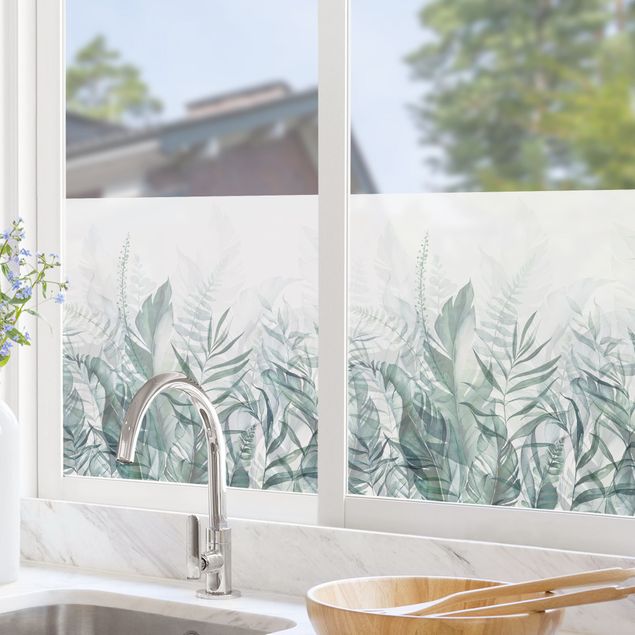Fensterfolie Wohnzimmer Botanik - Tropische Blätter Grün