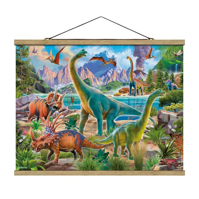 Stoffbild mit Posterleisten - Brachiosaurus und Tricaterops - Querformat 4:3