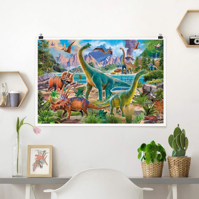 Poster Kinderzimmer Tiere Brachiosaurus und Tricaterops