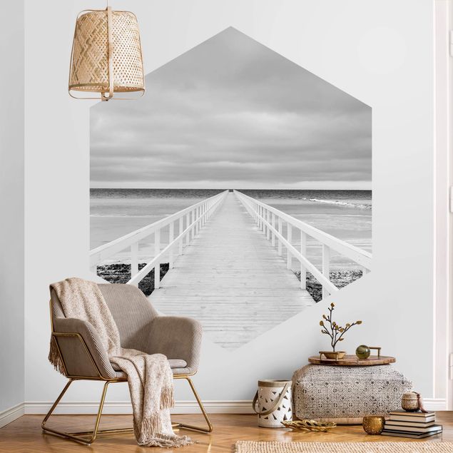 Fototapete Strand Brücke in Schweden Schwarz-Weiß