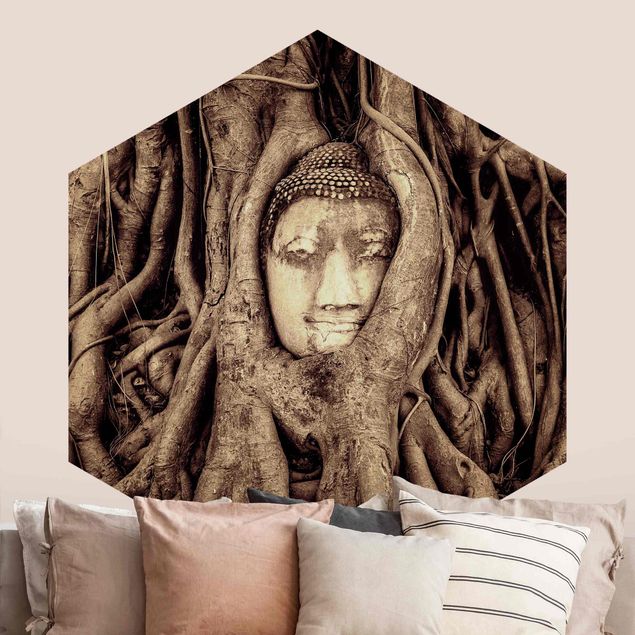 Fototapete Wald Buddha in Ayutthaya von Baumwurzeln gesäumt in Braun