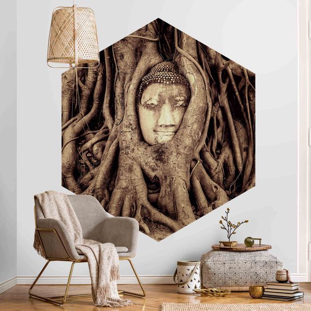 Fototapete Natur Buddha in Ayutthaya von Baumwurzeln gesäumt in Braun