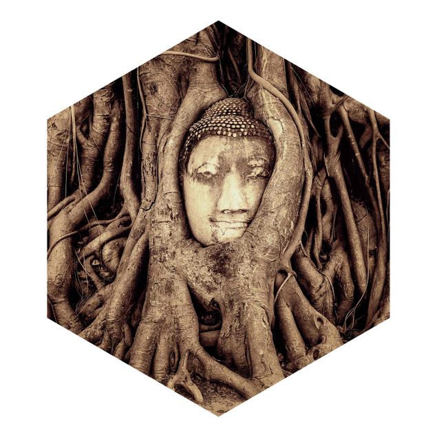 Fototapete Buddha in Ayutthaya von Baumwurzeln gesäumt in Braun
