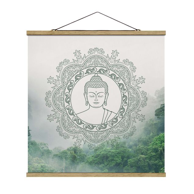 Stoffbild mit Posterleisten - Buddha Mandala im Nebel - Quadrat 1:1