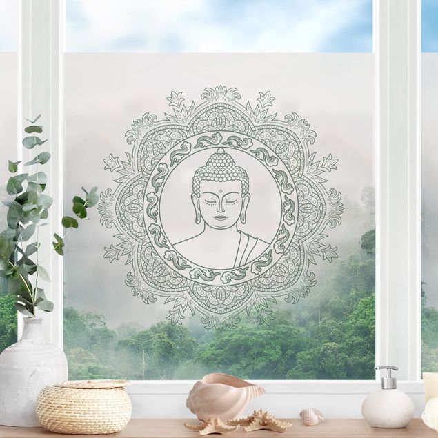 Fensterbild Skyline Buddha Mandala im Nebel