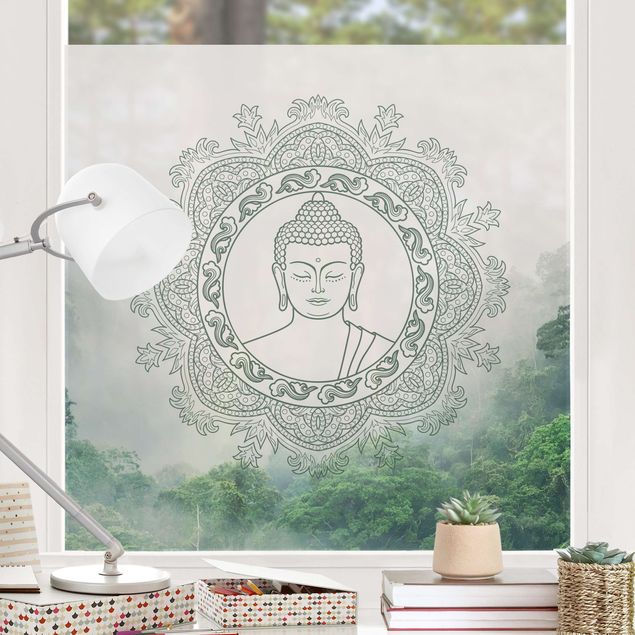 Fensterfolie Farbig Buddha Mandala im Nebel