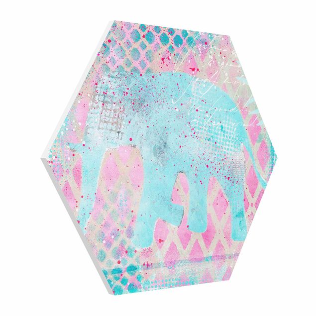Hexagon Bilder Bunte Collage - Elefant in Blau und Rosa