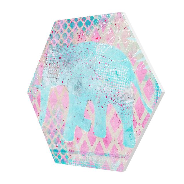 Hexagon-Forexbild - Bunte Collage - Elefant in Blau und Rosa