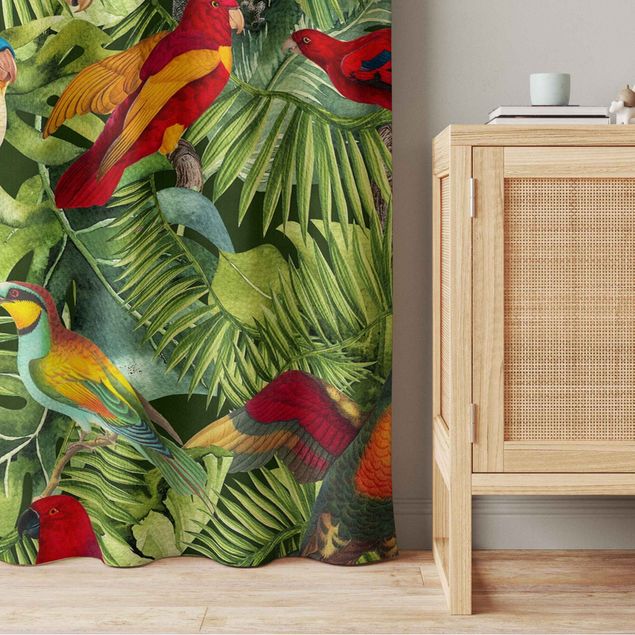 Vorhang modern Bunte Collage - Papageien im Dschungel