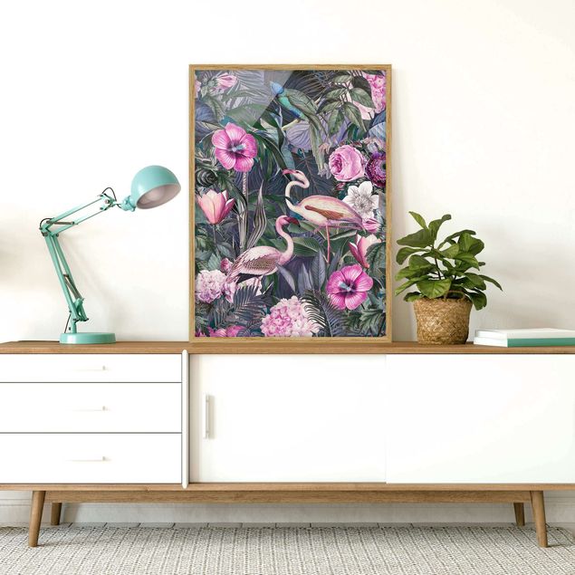 Blumen Bilder mit Rahmen Bunte Collage - Pinke Flamingos im Dschungel