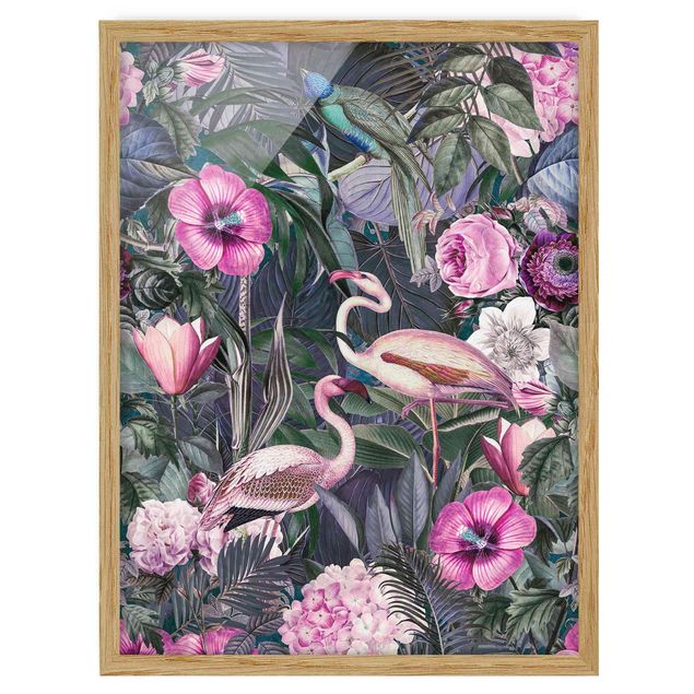 Bilder mit Rahmen Bunte Collage - Pinke Flamingos im Dschungel
