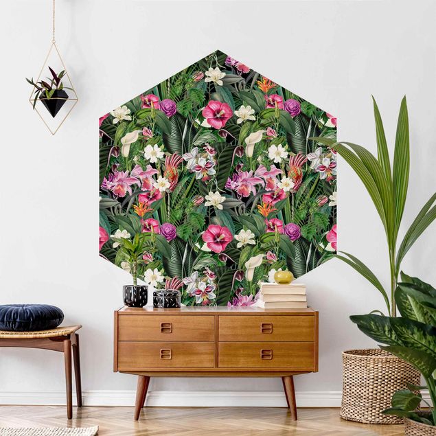 Tapeten mit Muster Bunte tropische Blumen Collage