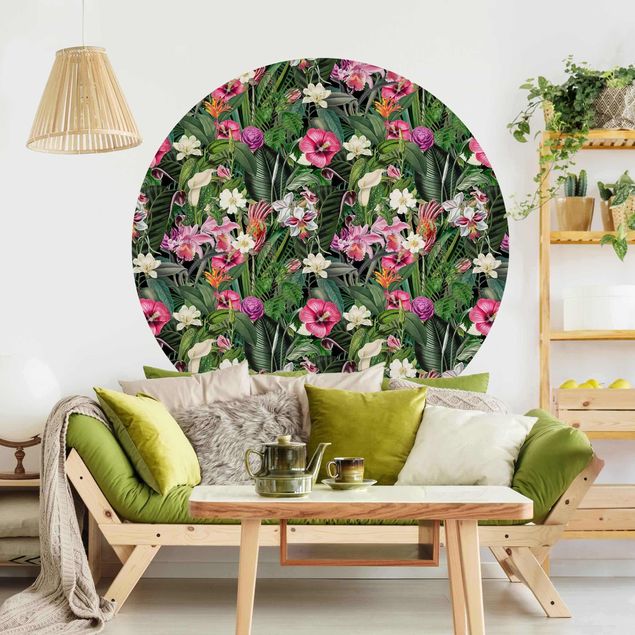 Fototapete rund Bunte tropische Blumen Collage
