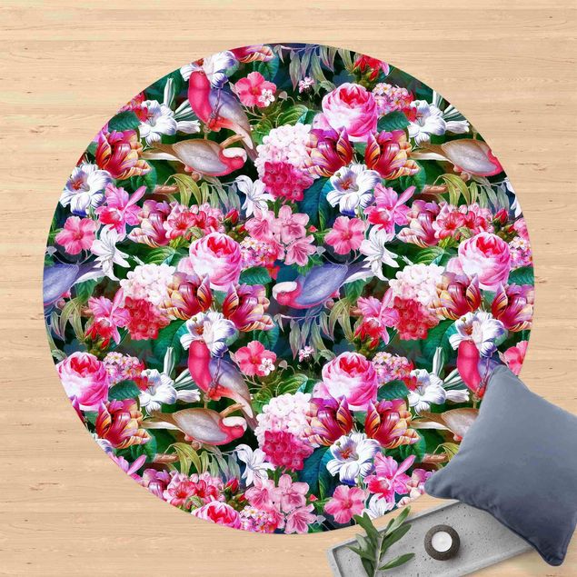 outdoor-teppich wetterfest Bunte Tropische Blumen mit Vögeln Pink