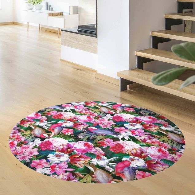 Teppich modern Bunte Tropische Blumen mit Vögeln Pink