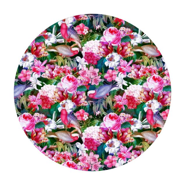 Teppich Natur Bunte Tropische Blumen mit Vögeln Pink