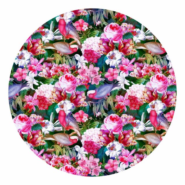 Tapete Bunte Tropische Blumen mit Vögeln Pink
