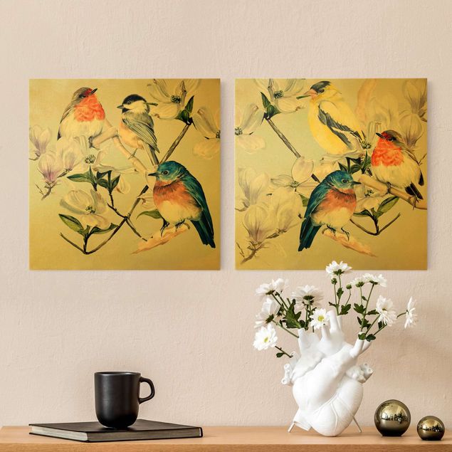 Leinwand Kunstdruck Bunte Vögel auf einem Magnolienast Set