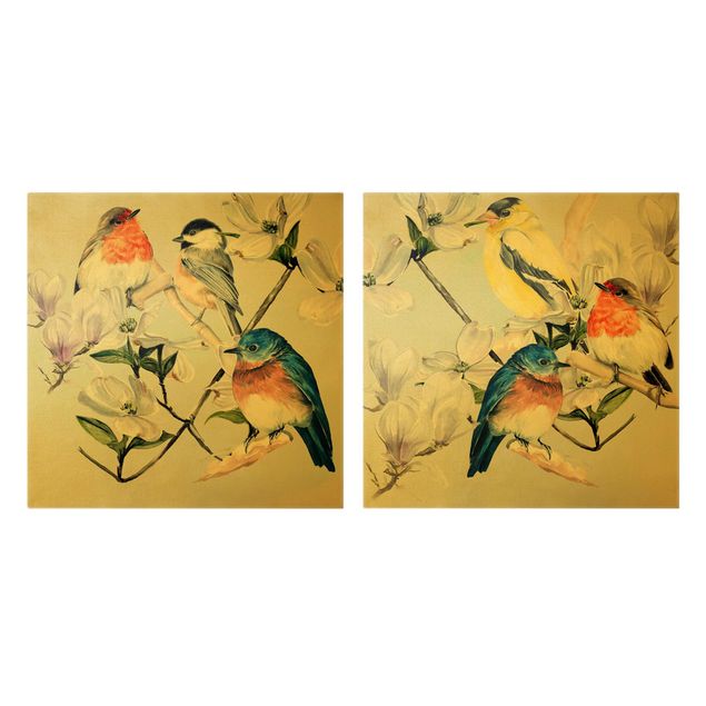Leinwandbilder Tier Bunte Vögel auf einem Magnolienast Set
