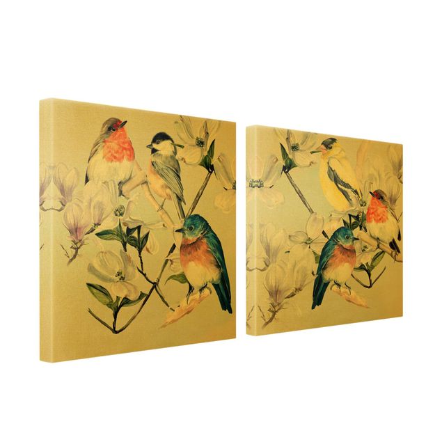 Leinwandbilder Wohnzimmer modern Bunte Vögel auf einem Magnolienast Set
