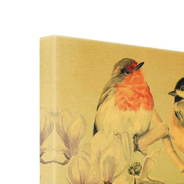Schöne Wandbilder Bunte Vögel auf einem Magnolienast Set