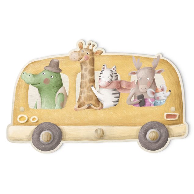 Kindergarderobe Holz - Bus voller Tiere Aquarell