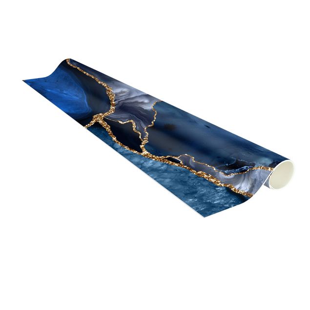 Moderner Teppich Goldene Glitzer Wellen vor Blau