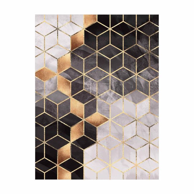 Moderner Teppich Schwarz Weiß goldene Geometrie