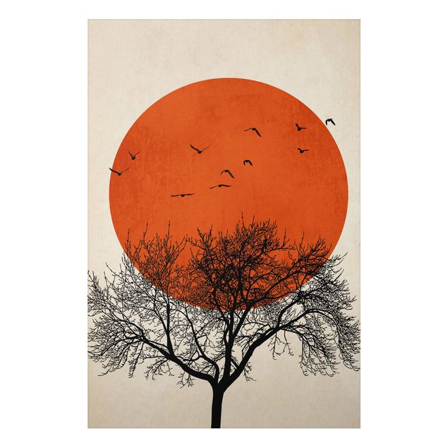Schöne Wandbilder Vogelschwarm vor roter Sonne II
