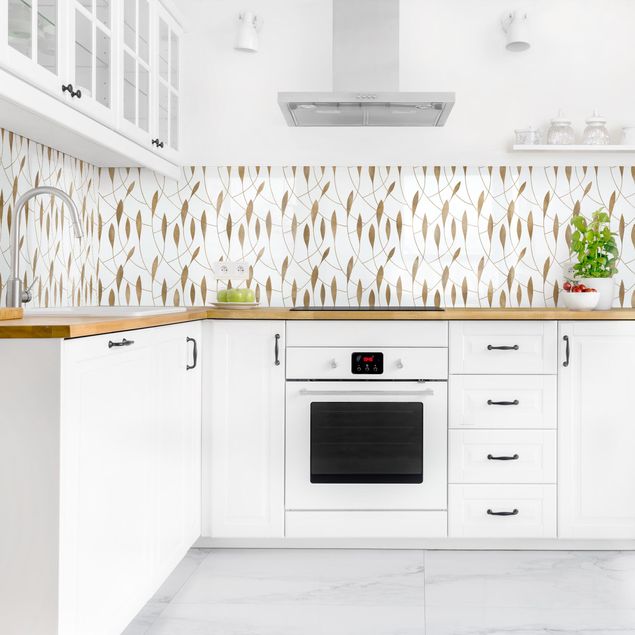 Küchenrückwand Folie Schwarz-Weiß Natürliches Muster schwungvolle Blätter in Gold II