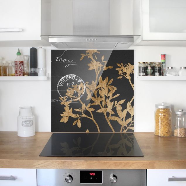 Küchenrückwand Glas Motiv Blumen Goldene Blätter auf Mokka II