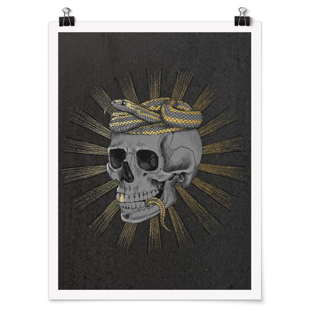 Poster - Illustration Totenkopf und Schlange Schwarz Gold - Hochformat 4:3