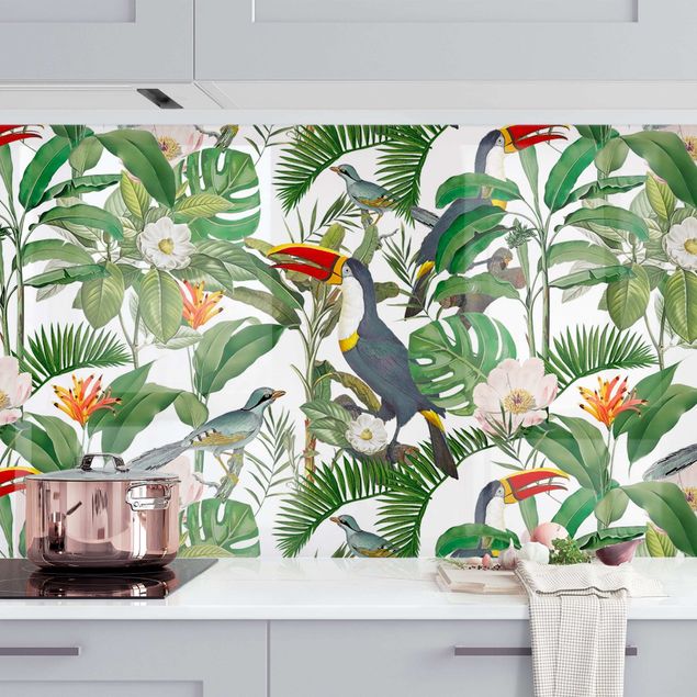Küchenrückwände Platte Tropischer Tukan mit Monstera und Palmenblättern II