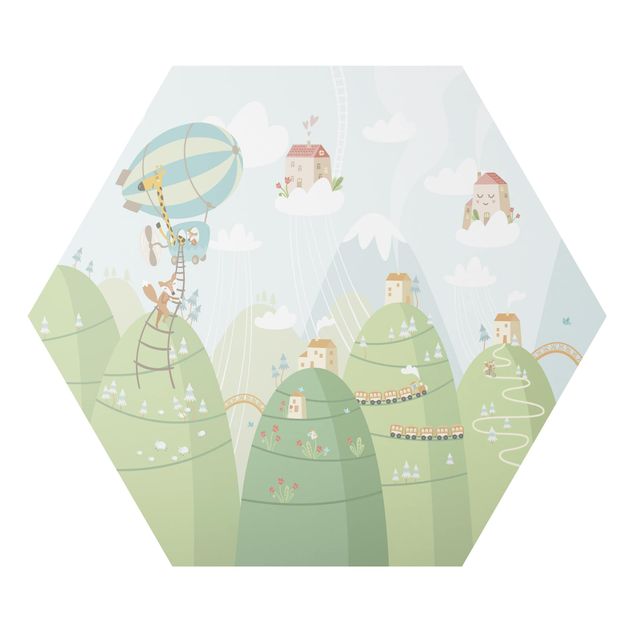 Hexagon Bild Alu-Dibond - Wald mit Häusern und Tieren
