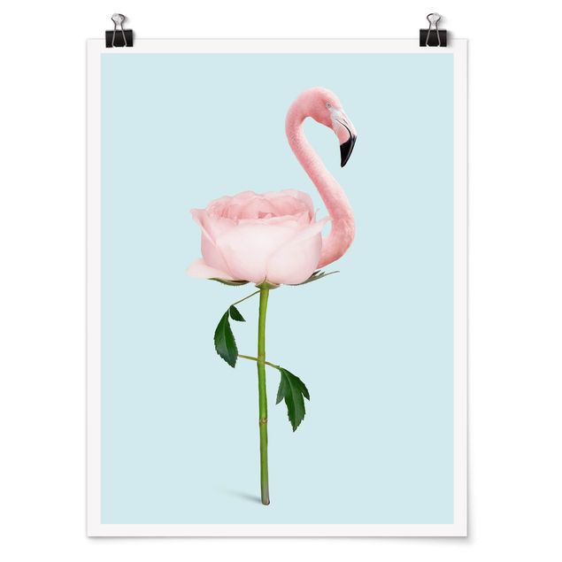 Poster Blumen Flamingo mit Rose