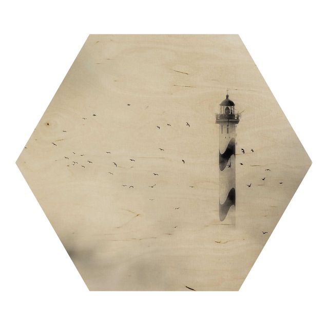 Hexagon Bild Holz - Leuchtturm im Nebel