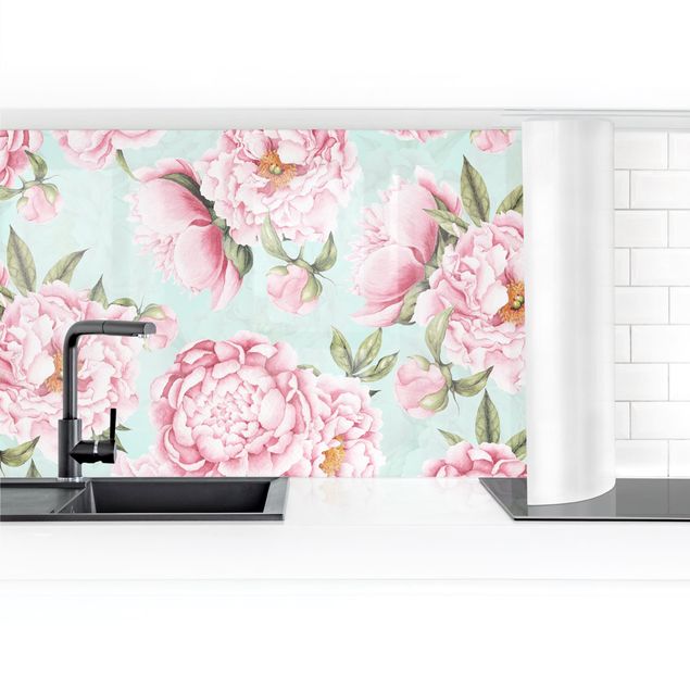 Glasrückwand Küche Blumen Rosa Blumen auf Mint als Aquarell