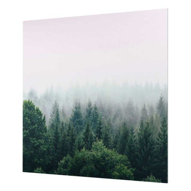 Spritzschutz Glas - Wald im Nebel Dämmerung - Quadrat 1:1