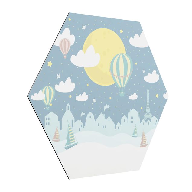 Hexagon Bild Alu-Dibond - Paris mit Sternen und Heißluftballon