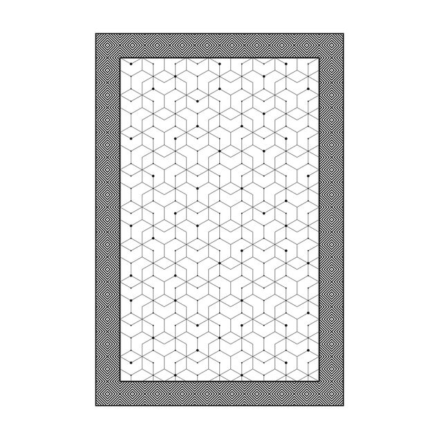 Moderner Teppich Geometrische Fliesen Punktlinien Schwarz Weiß mit Bordüre