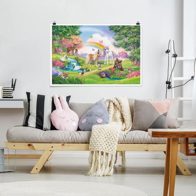 Poster Kinderzimmer Tiere Zauberwald mit Einhorn