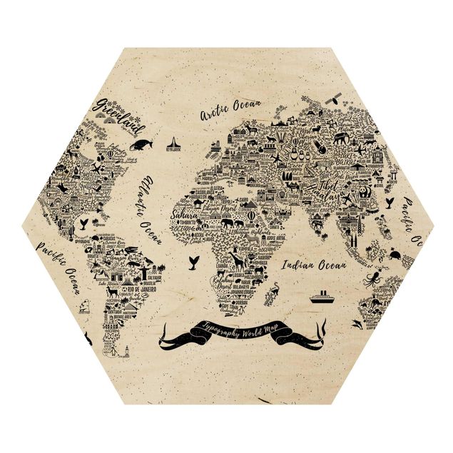 Hexagon Bild Holz - Typografie Weltkarte weiß