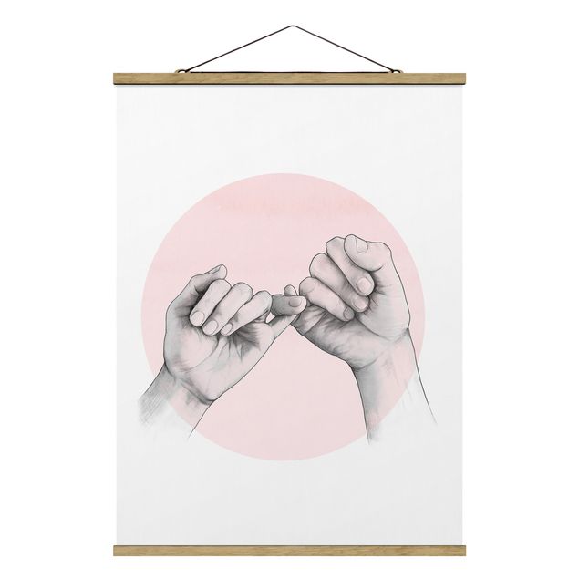 Stoffbild mit Posterleisten - Laura Graves - Illustration Hände Freundschaft Kreis Rosa Weiß - Hochformat 3:4