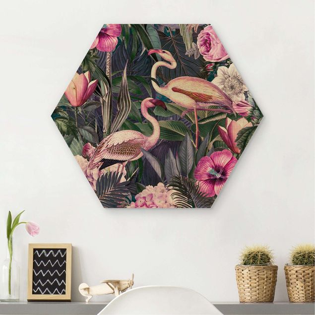 Wandbilder Tiere Bunte Collage - Pinke Flamingos im Dschungel
