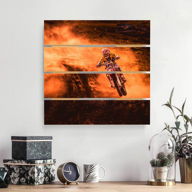 Moderne Holzbilder Motocross im Staub