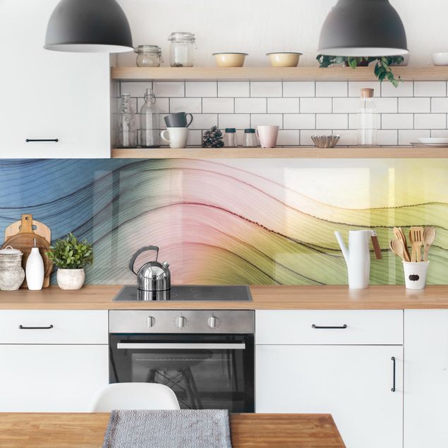 Küchenrückwand abstrakt Melierter Farbtanz Rosa Gelb mit Türkis